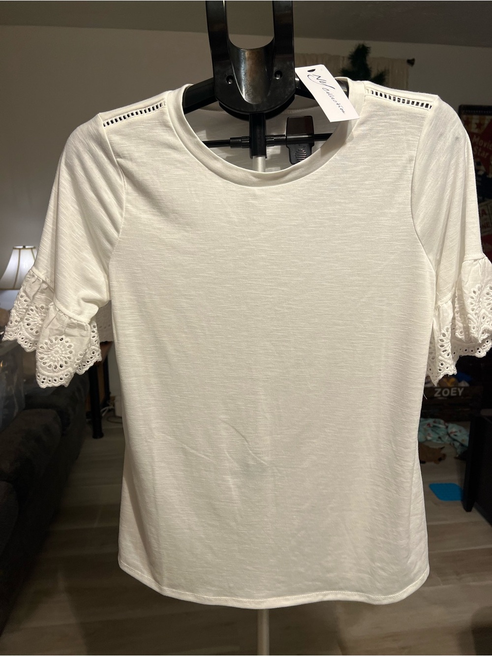 NY Collection White Short-Sleeve Top with Lace Eyelet Sleeves